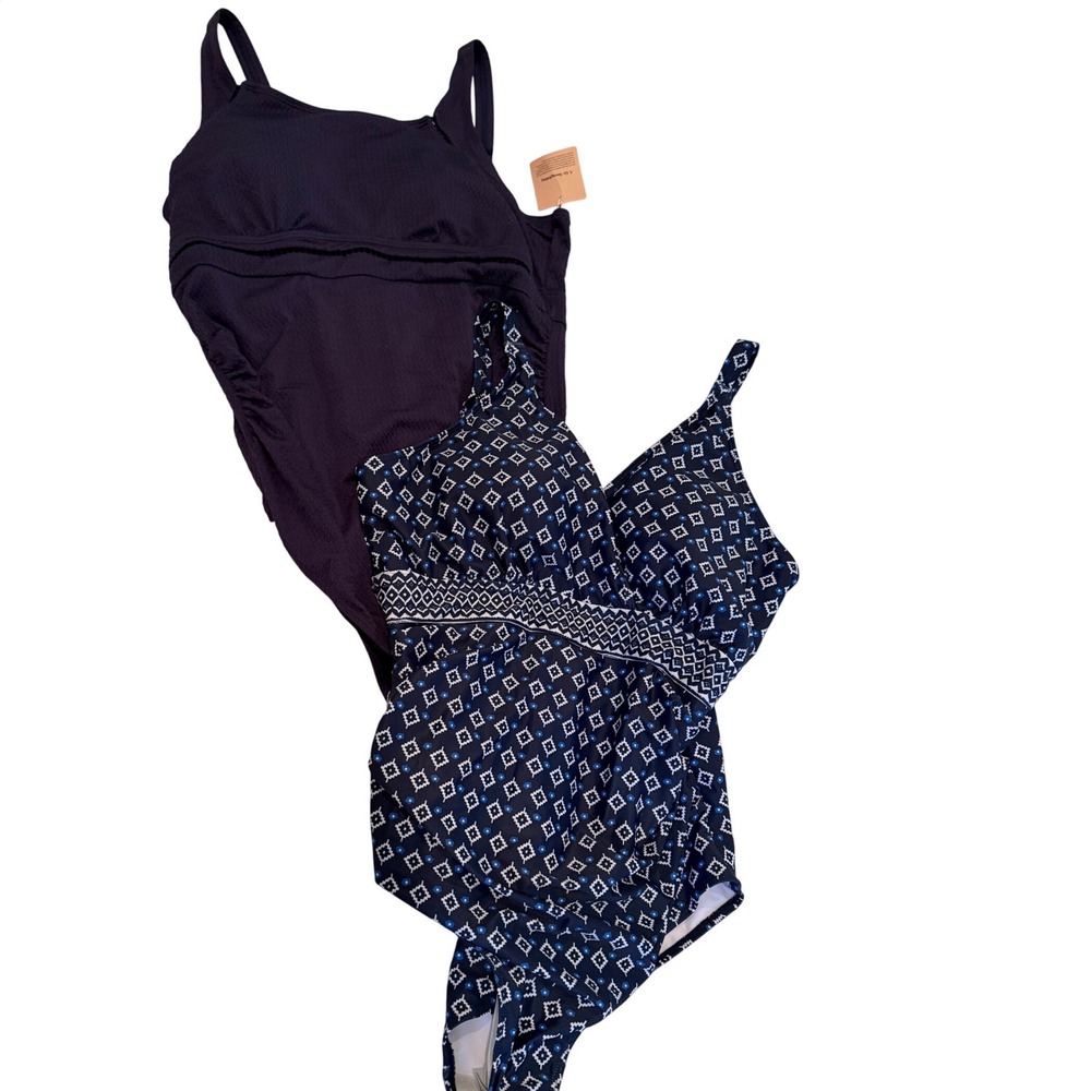 NWT BloomChic Womens Plus Size One Piece Swimsuit Set of 2 Navy Print US 18-20